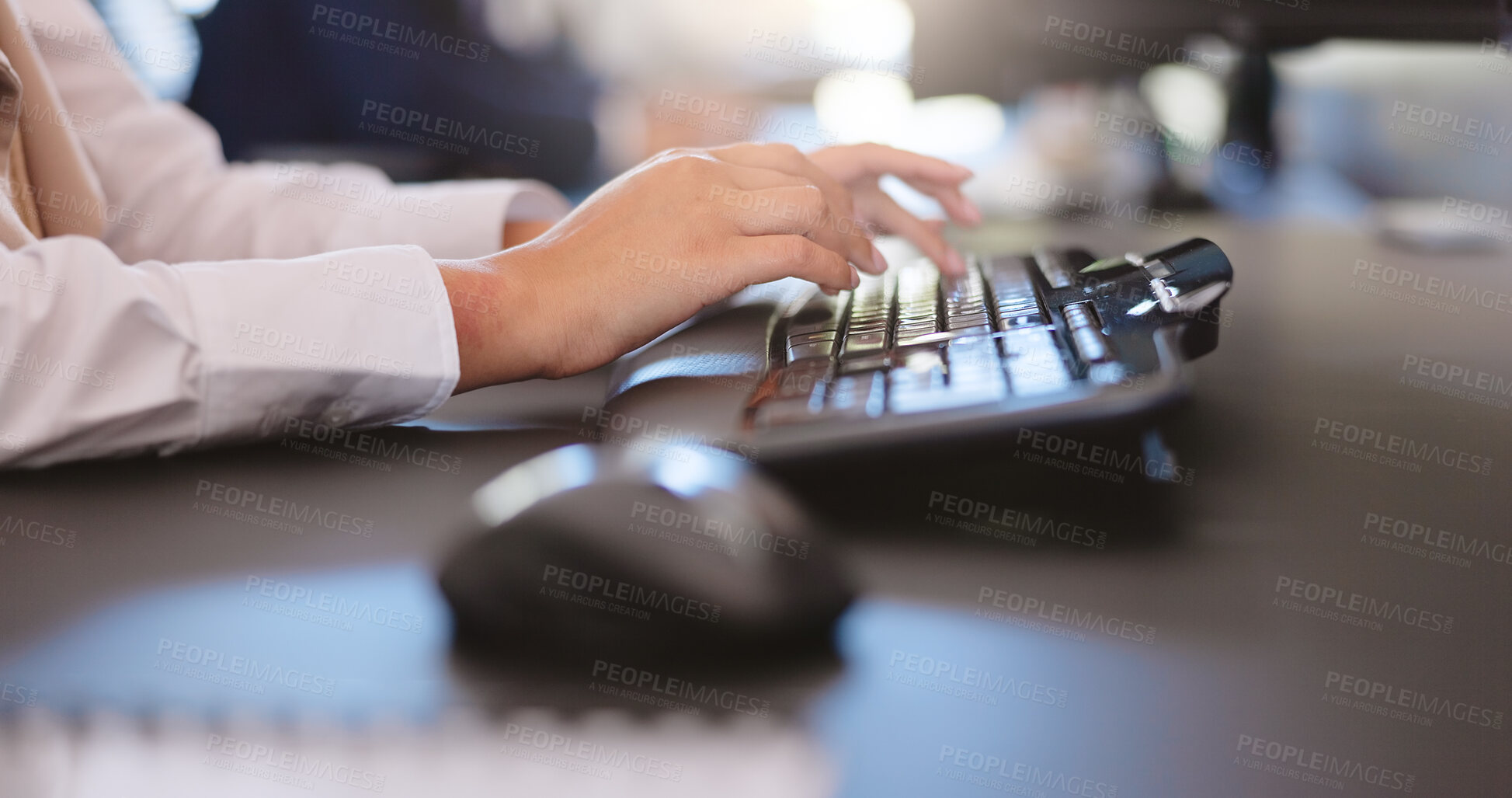 Buy stock photo Hands, keyboard and typing with business person at desk in office for online report or review. Administration, computer and research with employee woman in professional workplace for feedback