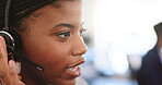 Headset, woman and speaking in call center for help desk, technical support and customer service. Mic, talking and agent for virtual assistance, troubleshooting and problem solving with IT feedback