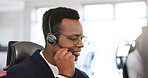 Headset, man and listening in call center for help desk, technical support and customer service. Mic, smile and agent for virtual assistance, troubleshooting and problem solving with IT feedback