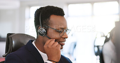 Buy stock photo Headset, man and listening in call center for help desk, technical support and customer service. Mic, smile and agent for virtual assistance, troubleshooting and problem solving with IT feedback