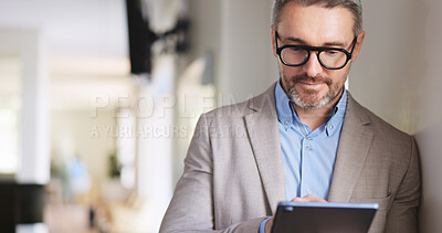 Buy stock photo Reading, search and tablet with business man in coworking office for browsing or scrolling. App, internet and planning with mature employee person in workplace for feedback, information or review