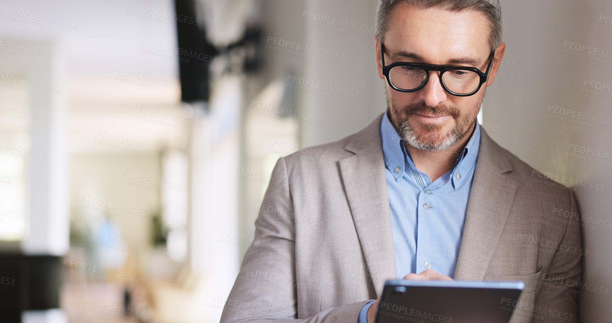 Buy stock photo Reading, search and tablet with business man in coworking office for browsing or scrolling. App, internet and planning with mature employee person in workplace for feedback, information or review