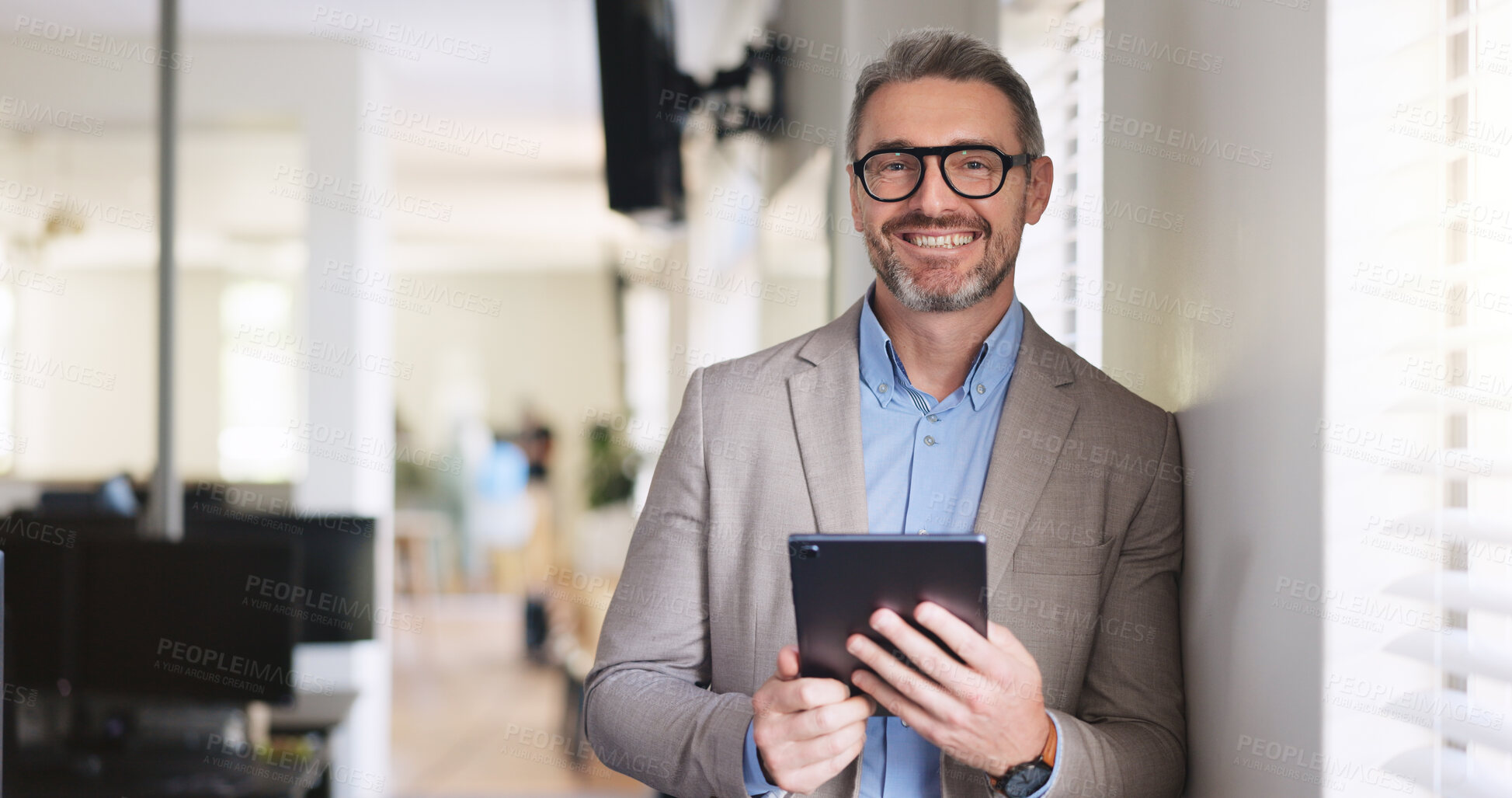 Buy stock photo Portrait, smile and tablet with business man in office for connection or networking online. App, corporate and social media with happy mature person in workplace for feedback, information or internet