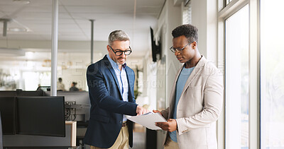 Buy stock photo Business people, reading or discussion in office with document report, project management or planning. Men, team and conversation in meeting for progress feedback, paperwork review and collaboration.