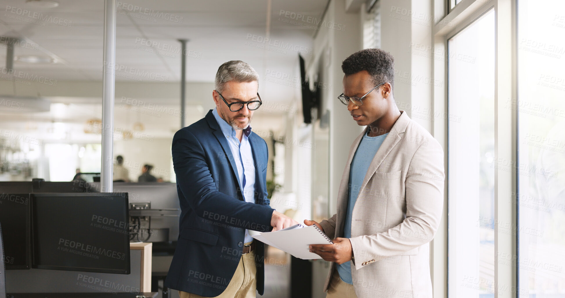 Buy stock photo Business people, reading or discussion in office with document report, project management or planning. Men, team and conversation in meeting for progress feedback, paperwork review and collaboration.
