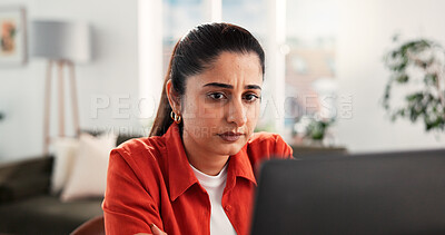 Buy stock photo Laptop, freelancer and confused woman in home for article error, research or glitch. Computer, remote work and serious person reading email for copywriting mistake, information or review newsletter