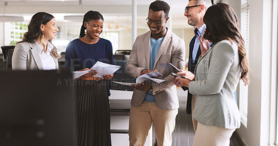 Buy stock photo Office, happy and team with documents, discussion and planning for investment proposal and research. Financial analyst, talk and people with paperwork for business development, collaboration and info