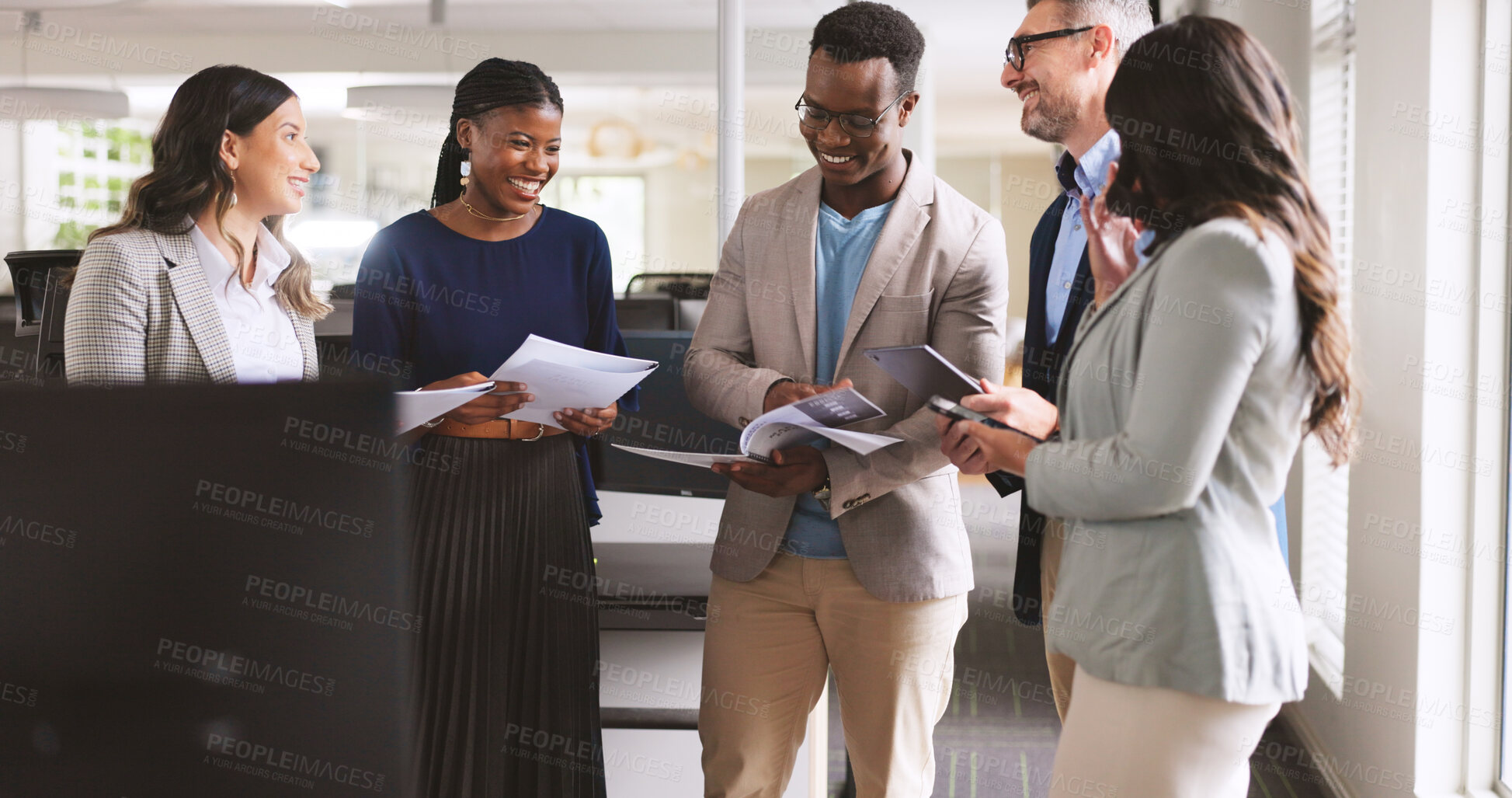 Buy stock photo Office, happy and team with documents, discussion and planning for investment proposal and research. Financial analyst, talk and people with paperwork for business development, collaboration and info