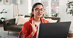 Laptop, video call and wave with woman in home living room for discussion or planning. Computer, remote call and virtual meeting with happy freelance employee in apartment for contact or update