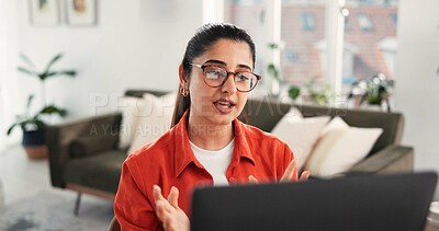 Buy stock photo Laptop, remote work and video call with woman in home living room for discussion or planning. Computer, conversation and virtual meeting with freelance employee in apartment for contact or update