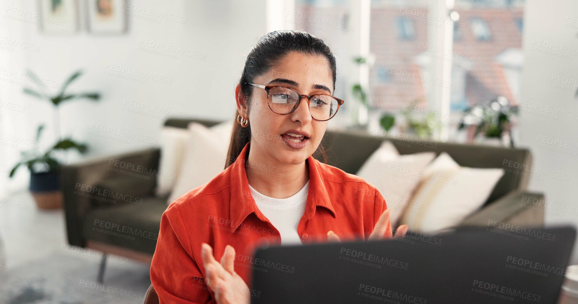 Buy stock photo Laptop, remote work and video call with woman in home living room for discussion or planning. Computer, conversation and virtual meeting with freelance employee in apartment for contact or update