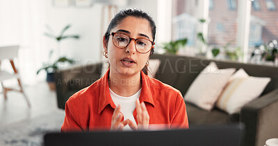 Buy stock photo Computer, remote work and video call with woman in home living room for discussion or planning. Conversation, laptop and virtual meeting with freelance employee in apartment for contact or update