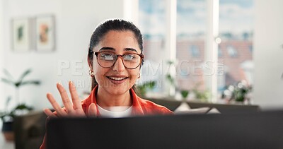 Buy stock photo Remote work, video call and wave with woman in home living room for discussion or planning. Conversation, laptop and virtual meeting with freelance employee in apartment for contact or update