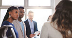 Attention, collaboration and meeting with business people in office together for feedback or review. Conversation, development and flare with employee group in corporate workplace for planning