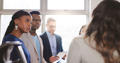 Buy stock photo Attention, collaboration and meeting with business people in office together for feedback or review. Conversation, development and flare with employee group in corporate workplace for planning