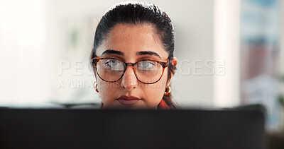 Buy stock photo Glasses, laptop and freelancer with woman in home office for research, blog writer and copywriting project. Remote worker, article editor and online review with person in living room of apartment