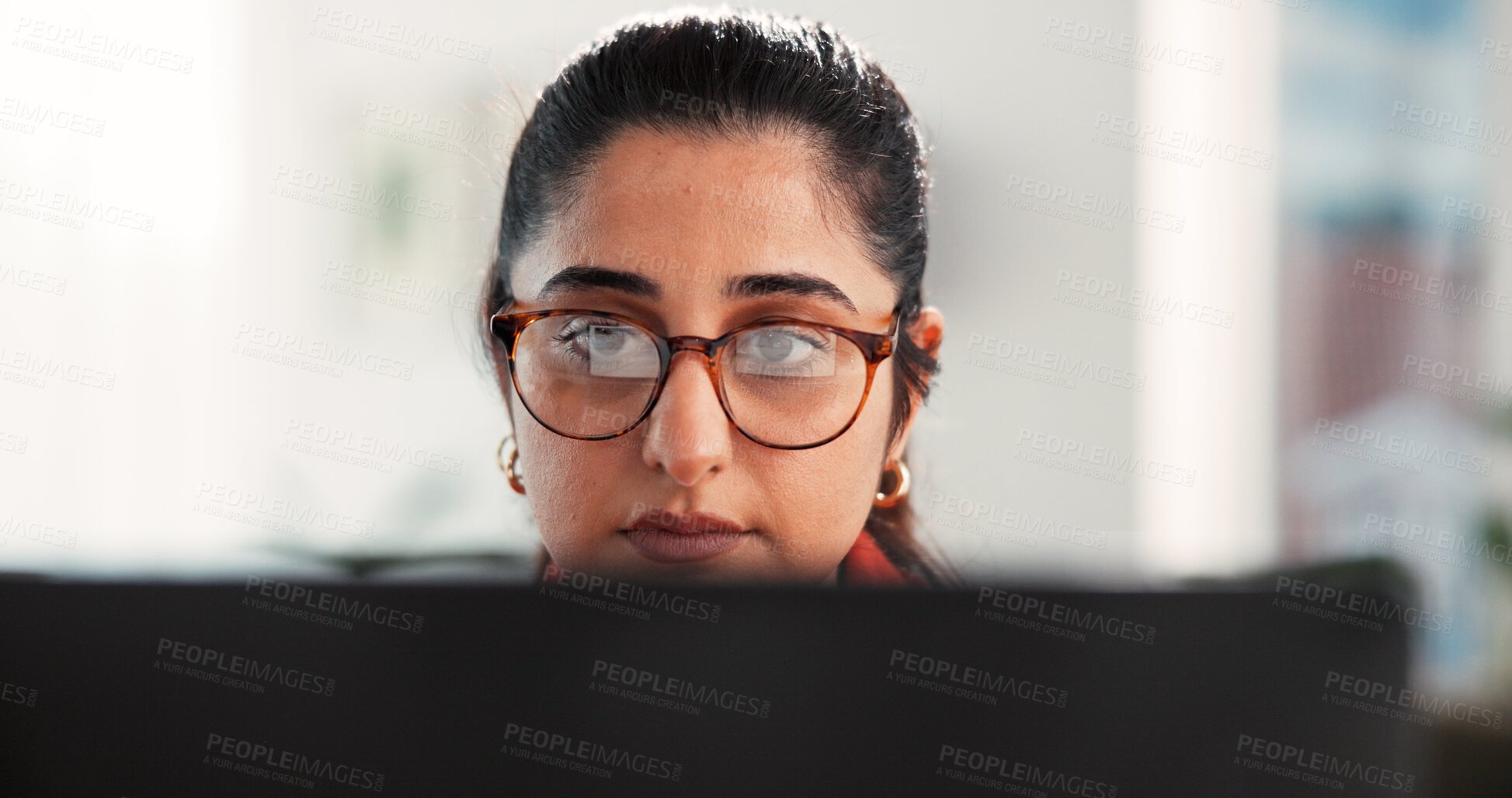 Buy stock photo Glasses, laptop and freelancer with woman in home office for research, blog writer and copywriting project. Remote worker, article editor and online review with person in living room of apartment