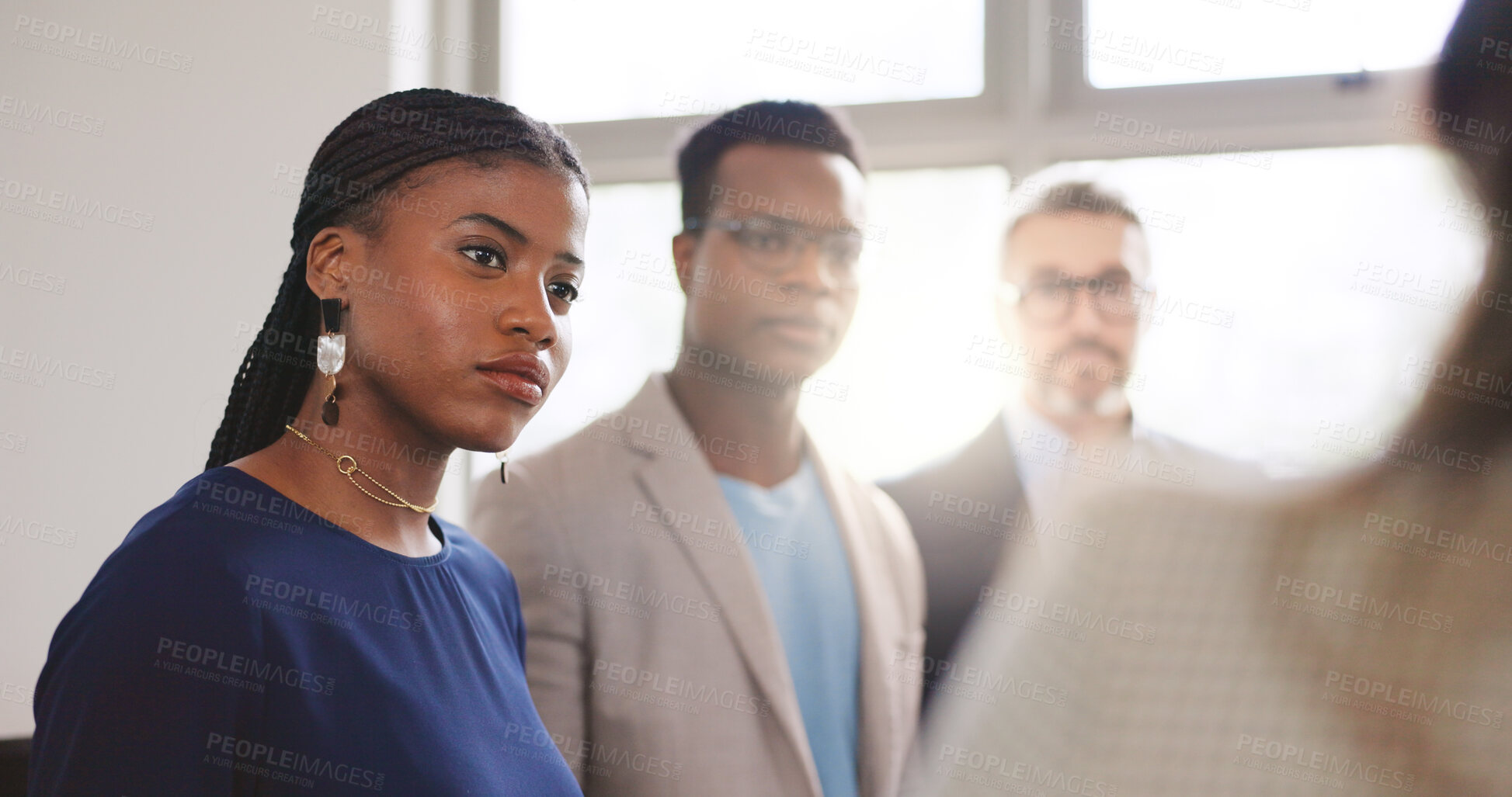 Buy stock photo Attention, conversation and meeting with business people in office together for feedback or review. Collaboration, development and flare with employee group in corporate workplace for planning