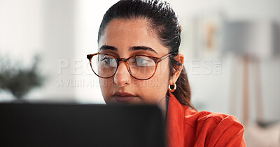 Buy stock photo Glasses, laptop and remote work with woman in home office for research, blog writer and copywriting project. Freelancer, article editor and online review with person in living room of apartment