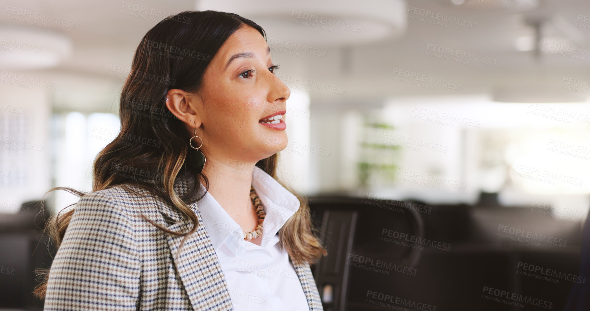 Buy stock photo Business, woman and talking for interview in office with discussion, job vacancy and recruitment. Female person, explain and question candidate for hiring process, hr chat and feedback for onboarding