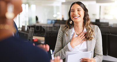 Buy stock photo Business, praise and happy woman with paperwork for promotion, career success or thank you. Document, smile and worker with achievement, employee recognition and congratulations with office team