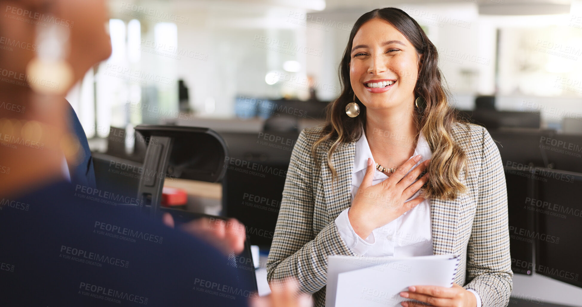 Buy stock photo Business, praise and happy woman with paperwork for promotion, career success or thank you. Document, smile and worker with achievement, employee recognition and congratulations with office team