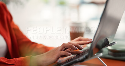 Buy stock photo Hands, laptop and freelancer with woman in home office for research, blog writer and copywriting project. Remote worker, article editor and online review with person in apartment for feedback