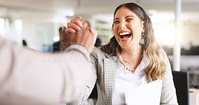 Buy stock photo High five, success and business woman in office for congratulations, support and realtor deal closer. Happy, thank you and property agent with employee in agency for promotion and sale acquisition