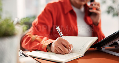 Buy stock photo Phone call, hands and woman writing in notebook for client info, fabric order or schedule in office. Mobile, talk and fashion designer with journal for design idea, business list or production update