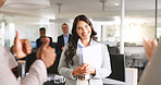 Business, praise and happy woman with paperwork for success, career promotion and thank you. Document, celebration and worker with achievement, thumbs up and congratulations with office team clapping