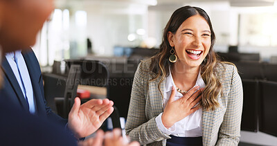 Buy stock photo Applause, praise and business woman laugh for promotion, career success or thank you. Funny, celebration and clap for worker with achievement, employee recognition or congratulations with office team