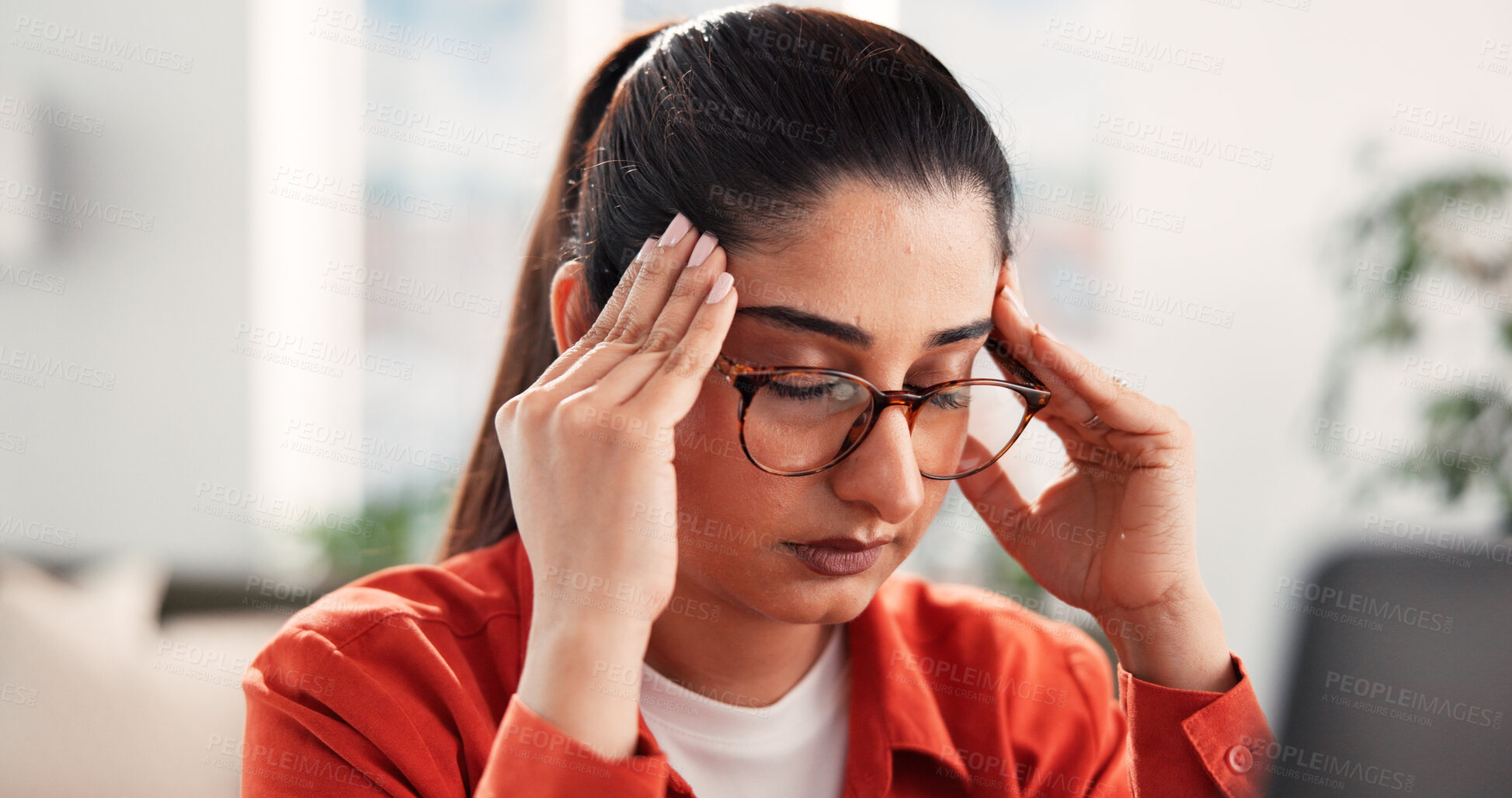 Buy stock photo Headache, remote work and woman with stress in home, pain or tired with technology. Migraine, burnout and freelancer with fatigue in house, brain fog or deadline pressure with mental health crisis