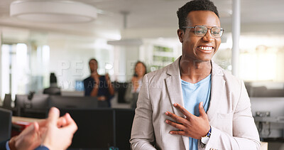 Buy stock photo Applause, success and business man in office for congratulations, support and realtor deal closer. Celebration, thank you and property agent with employee in agency for promotion and sale acquisition