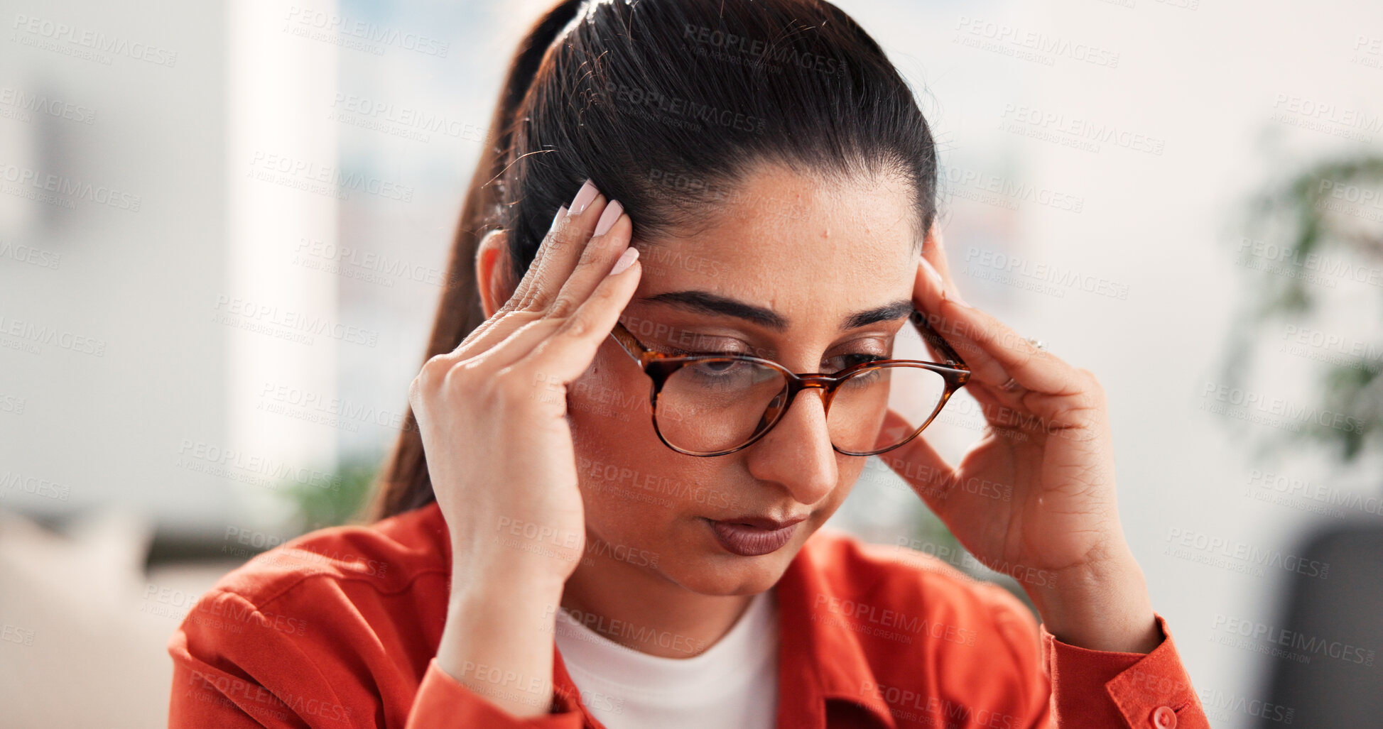 Buy stock photo Headache, remote work and woman with technology in home, stress or tired with pain. Migraine, burnout and freelancer with fatigue in house, brain fog or deadline pressure with bad news on internet