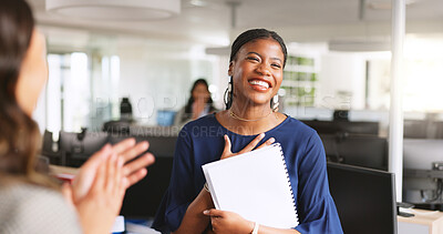 Buy stock photo Applause, praise or business woman with document for promotion, success or thank you. Paper, celebration or clap for worker recognition with smile, achievement pride or appreciation with office team