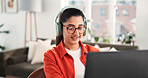 Headphones, remote work and woman on laptop in home for planning, online copywriting and research. Freelancer, house and person on computer with music, streaming audio and podcast for editing article