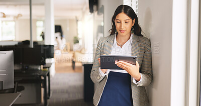 Buy stock photo Media agency, tablet and woman in office, network and copywriting with online reading. Person, news report and journalist with tech, magazine website and email for submission, internet or publication