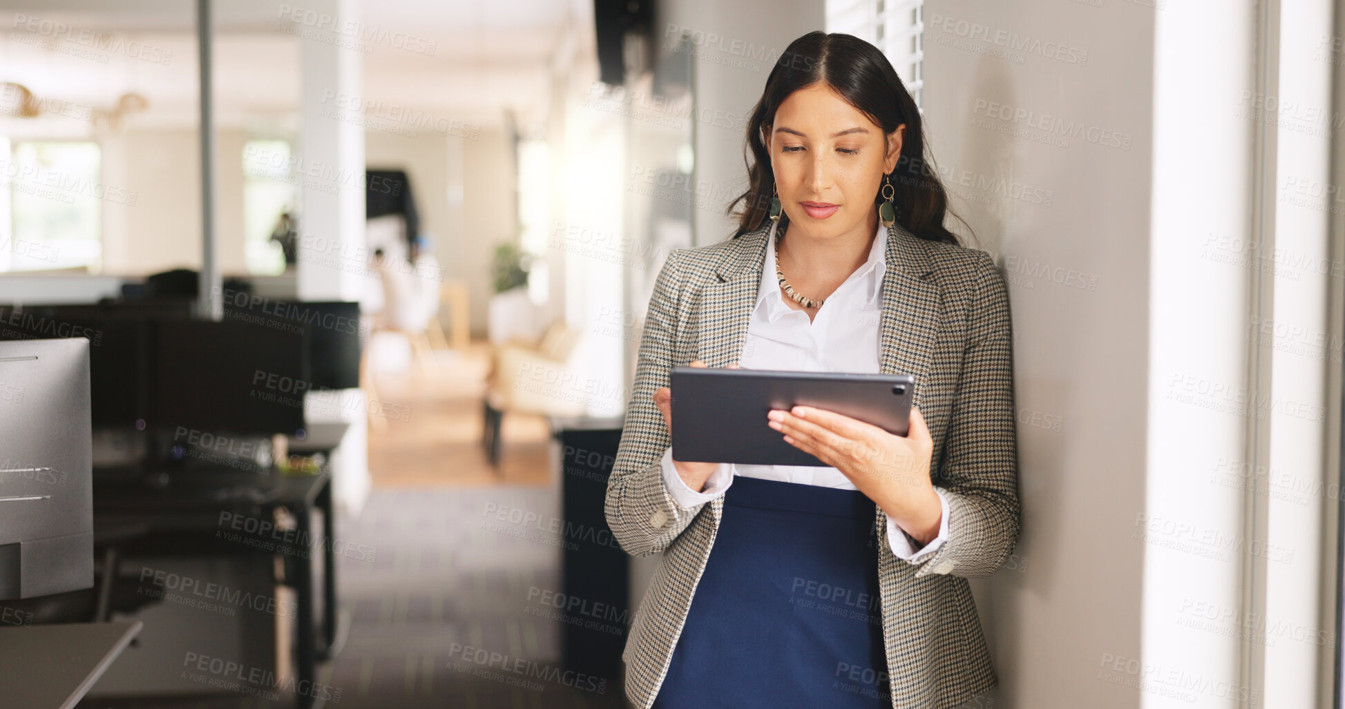 Buy stock photo Media agency, tablet and woman in office, network and copywriting with online reading. Person, news report and journalist with tech, magazine website and email for submission, internet or publication