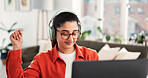 Dance, headphones and woman in home with laptop for remote work with listening to music. Glasses, audio tech and female creative freelancer with streaming playlist or album for project in apartment.