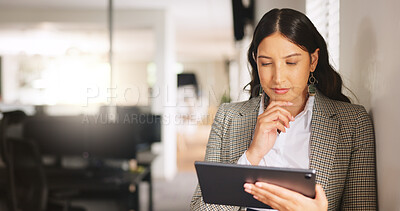 Buy stock photo Media agency, tablet and woman in office, thinking and copywriting with online reading. Person, solution and journalist with tech, magazine website and email for submission, decision or publication