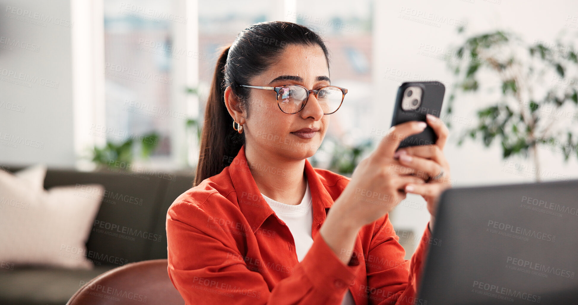 Buy stock photo Phone, remote work and reading with woman in home office for virtual assistant, schedule reminder and research. Agenda, online administrator and appointment planner with person in house for contact