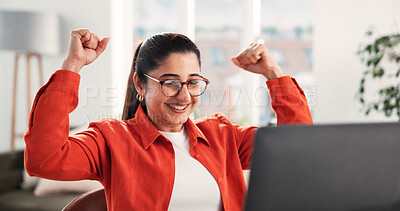 Buy stock photo Happy woman, celebration and success in house with laptop for job opportunity, good news or feedback. Female person, cheering or excited in home with computer, employment offer and career development