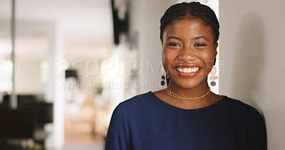 Buy stock photo Fashion, portrait and black woman in office with smile, pride and job goals as clothing specialist. Happy, stylist and designer in agency with confidence, about us and experience in creative industry