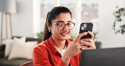 Buy stock photo Phone, reading and smile with woman in home office for social media manager, contact and freelancer. Remote worker, communication and branding entrepreneur with person in house for research and app