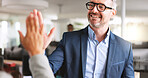High five, success and business man in office for congratulations, support or realtor deal closer. Celebration, thank you and property agent with mature employee for promotion and sale acquisition