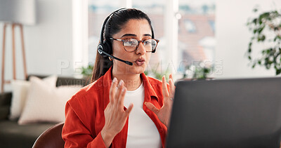 Buy stock photo Headset, laptop and video call with woman in home living room for discussion or planning. Computer, conversation and remote work with freelance employee in apartment for contact or virtual meeting