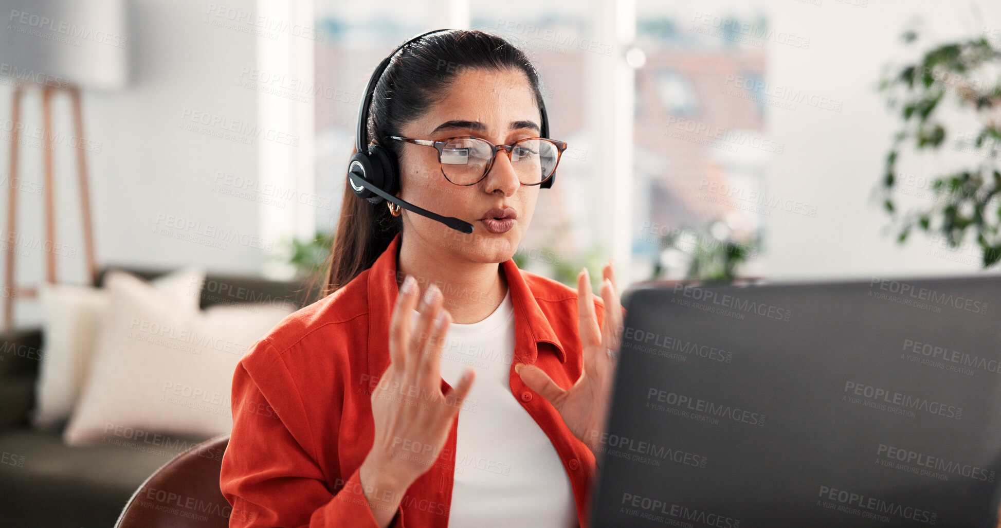 Buy stock photo Headset, laptop and video call with woman in home living room for discussion or planning. Computer, conversation and remote work with freelance employee in apartment for contact or virtual meeting