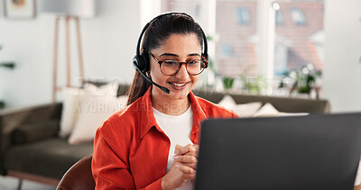 Buy stock photo Headset, laptop and video call with woman in home office for virtual assistant, schedule webinar and contact. Agenda, online meeting and conference appointment with person in house for chat and crm