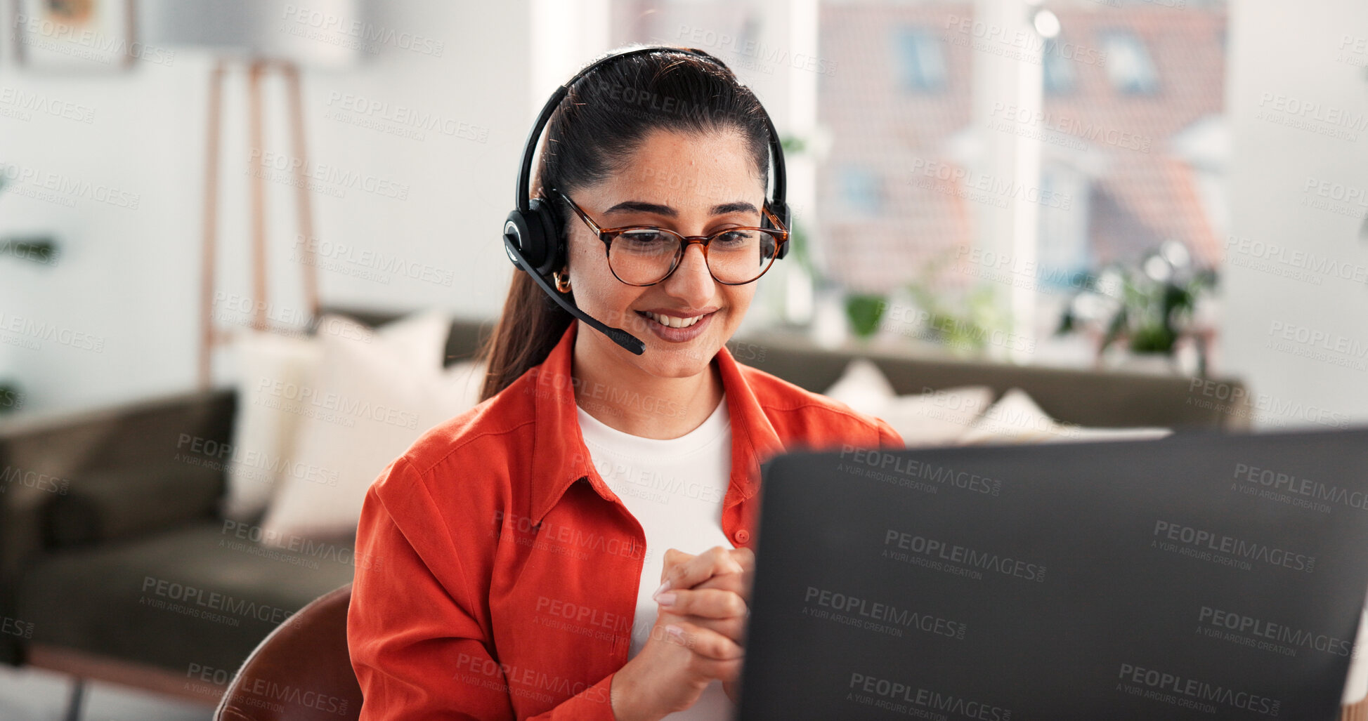 Buy stock photo Headset, laptop and video call with woman in home office for virtual assistant, schedule webinar and contact. Agenda, online meeting and conference appointment with person in house for chat and crm
