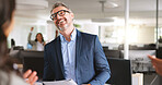 Applause, praise and business man laugh for promotion, career success or thank you with document. Funny, celebration or clap for mature worker with achievement, pride or appreciation with office team